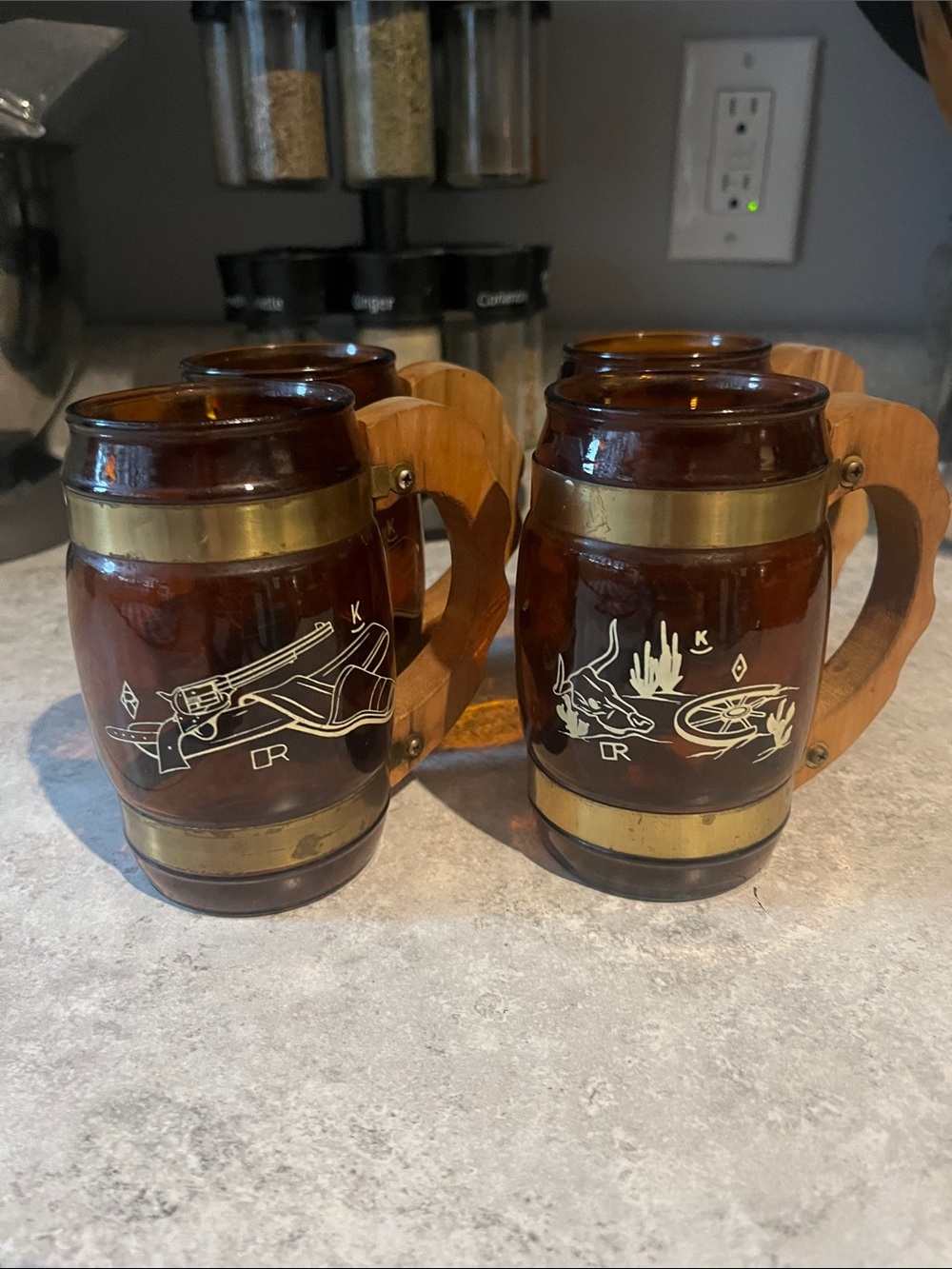 Vintage Siesta Ware Amber Glass Wooden Handle Mug - Set of 4